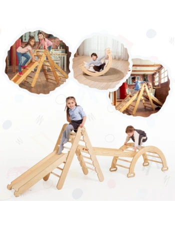 Σετ Αναρριχησης Montessori 4 Σε 1: Τριγωνικη Σκαλα + Αψιδα Αναρριχησης + Τσουληθρα + Διχτυ